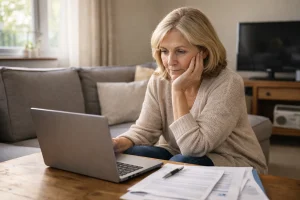 A Women Contemplating over pension paperwork