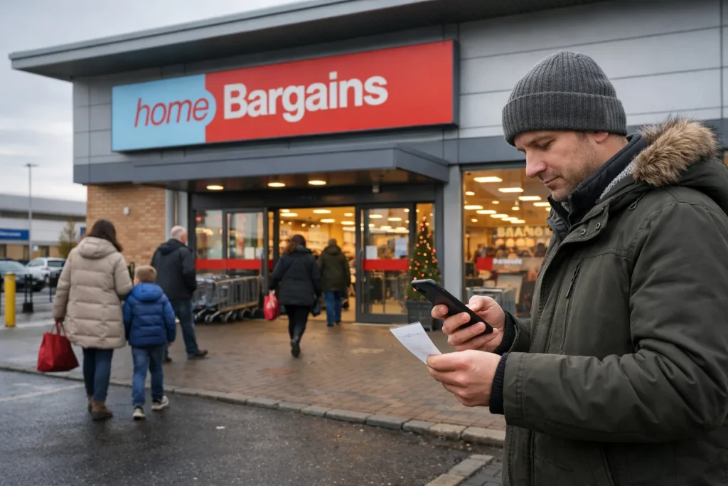 A man checking closing time of Home Bargains