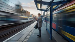 A person stands on a train platform to go to work