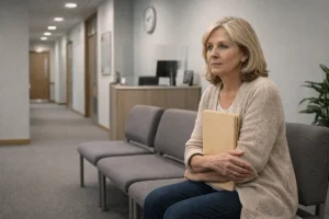 A women in waiting area of UK Government office