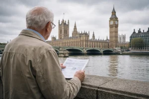 An old man reviewing pension documents in front of UK Houses of Parliament