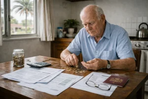 British pensioner counting coins and reviewing bills