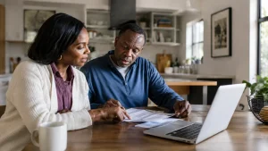 Couple reviewing financial paperwork together at a kitchen table with an open laptop
