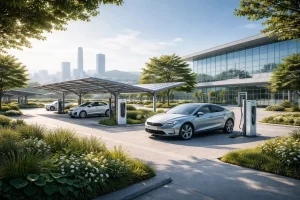 Electric vehicles charging under solar canopies