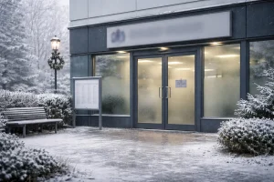 Frosted UK government office on winter day