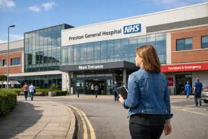 Hannah arriving at Preston NHS hospital to report on NHS staff reforms