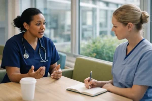 Hannah interviewing a Preston nurse about changes in patient care