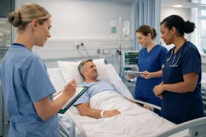 Hannah observing NHS nurses delivering patient care during her visit