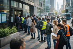 Job seekers outside a UK employment office