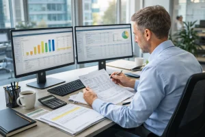 Office manager in UK reviewing payroll data