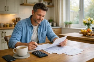 Reviewing DWP documents in a kitchen