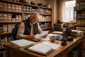 Shop owner reviewing accounts
