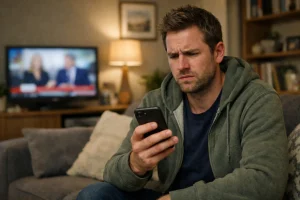 A UK resident looking at cost of living rumours on his phone in a modern home.