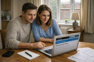 A couple using a laptop to search for cost of living support options in the UK.