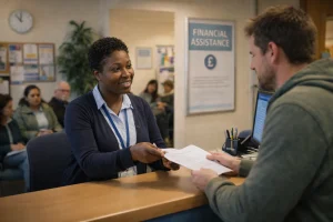 A local council office staff member assisting a resident with financial support services.