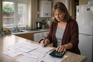 A woman reviewing past DWP cost of living payment letters in a UK kitchen.