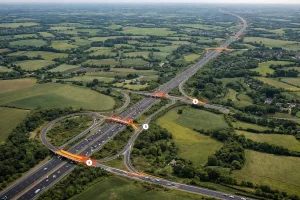 Aerial view of the M20 motorway with visible junctions and bridge structures between Swanley and Ashford.