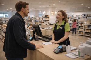 Author Justin speaking with staff at Dunelm Preston customer service desk