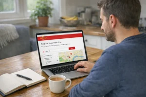 Author checking Post Office Sunday hours online on a laptop