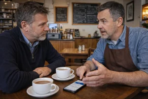 Author discussing the impact of bank closures with a local café owner