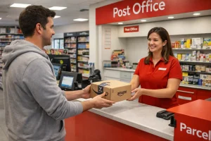 Author returning an Amazon parcel at a Sunday‑open Post Office