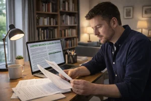 Author reviewing Lloyds Bank official branch closure documents