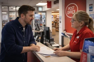 Author speaking to a Post Office worker about bank branch closures