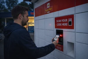 Author using a Royal Mail parcel locker on Sunday