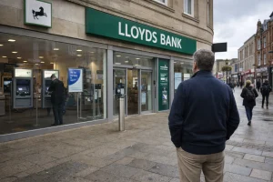 Author visiting Lloyds Bank branch in Preston before closure