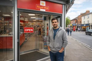 Author visiting a Royal Mail Shop open on Sunday
