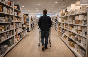 Author walking in a quiet Dunelm aisle during off-peak hours