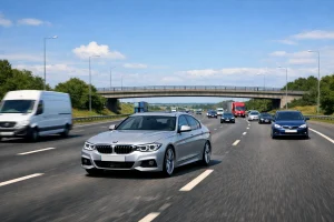 BMW driving over speed limit on UK motorway near overpass