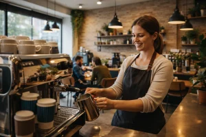Barista preparing coffee at Black Sheep Coffee Preston, surrounded by a warm, modern interior