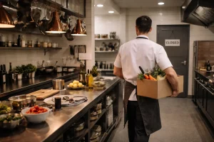 Chef leaving a professional kitchen, symbolising restaurant closure and new beginnings