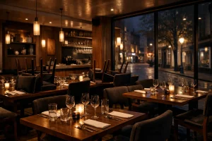 Closed fine dining restaurant interior in the UK with a modern, empty setting