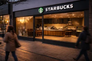 Closed former Starbucks unit on Dumfries High Street in winter light.