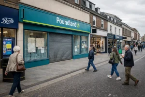 Closed retail store on a modern UK high street with people walking past