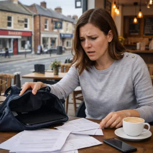 Concerned professional realising missing laptop in UK coffee shop
