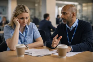 DWP staff in a quiet break room discussing workplace challenges