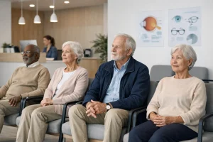 Elderly patients in a modern optician waiting room for routine NHS eye tests
