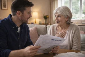 Elderly woman receiving help with missing pension benefit claims at home