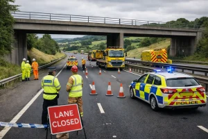 Emergency services and highway crews working on a closed M20 lane under a vehicle bridge in Kent