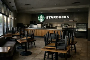 Empty interior of the former Starbucks on Dumfries High Street after closure.