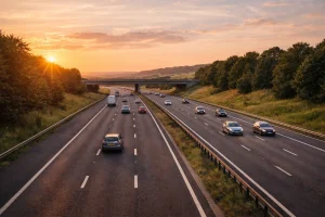 Evening traffic flowing smoothly on the M20 motorway with a bridge in the background after repairs