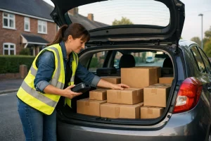 Evri courier preparing delivery parcels in a car boot on a suburban street