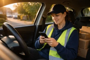 Evri courier sitting in car reviewing the day’s deliveries on phone