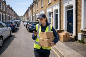 Evri courier walking through urban residential area with parcels in hand