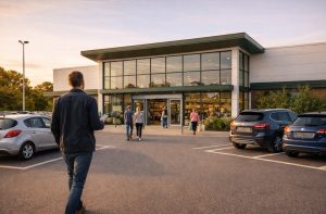 Exterior of Dunelm-style store at a UK retail park with the author Justin arriving