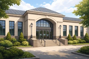 Exterior of a UK magistrates' court building, modern illustration