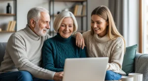Family helping elderly parents understand winter fuel payment support options online
